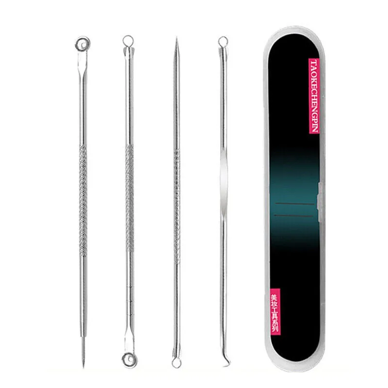 4 piece stainless steel blackhead, pimple and/or comedone acne extractor tool kit