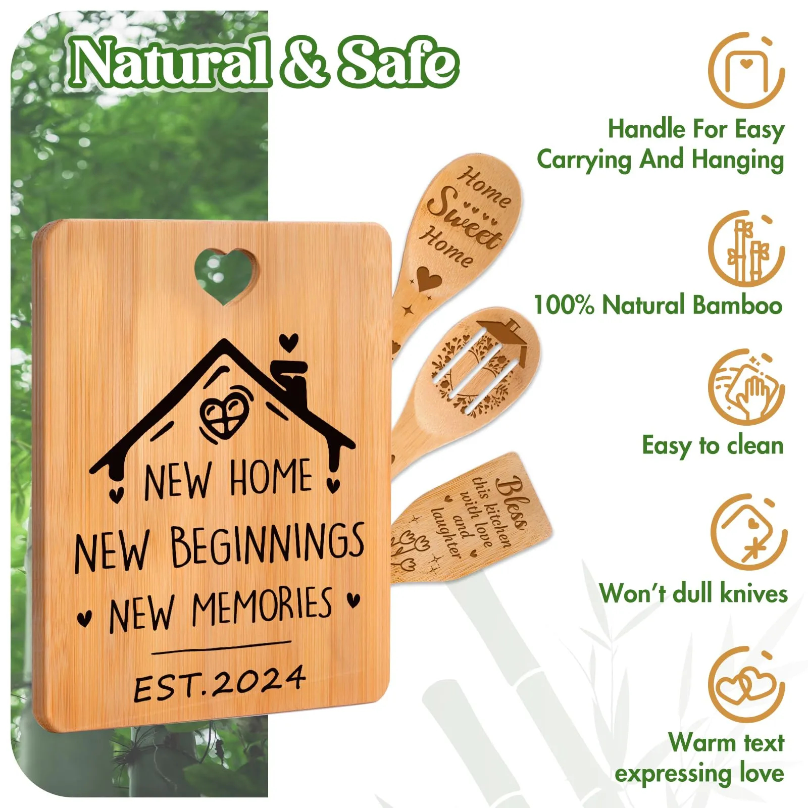 House Warming Gifts New Home - "New Home, New Beginnings, New Memories" Engraved Bamboo Housewarming Gifts New Home Cutting Board Set, 2024 House Warming Gifts.
