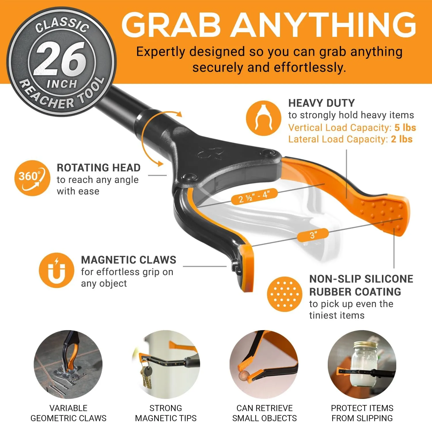 Industrial Heavy Duty Pick Up Tool Grabber Trash Rotating Head Grabber For Reaching 26"